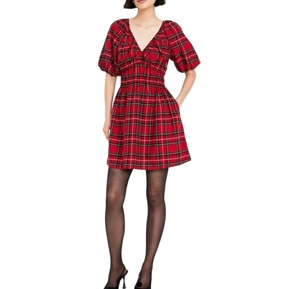Old Navy Dresses & Skirts - Old Navy Waist Defined Mini Dress Red Tartan Plaid V-Neck Puff Sleeve Size XL